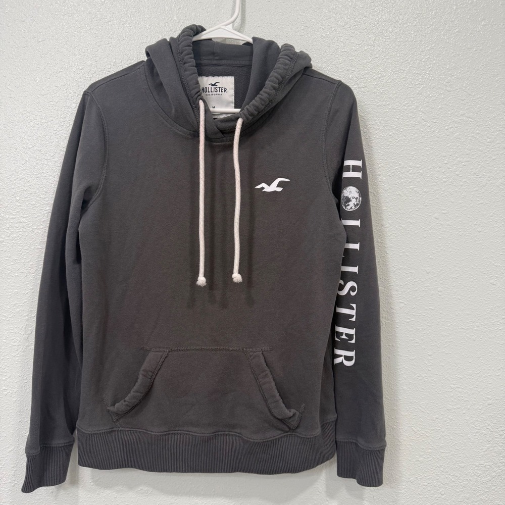 Hollister Mens Graphic Sleeve Logo Pullover Hoodie Charcoal Gray Medium
